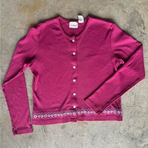 L.L. Bean Pink Mauve Button Front Cardigan With Flower Embroidery